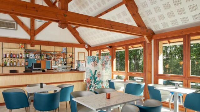 Bar avec cheminée et vue sur les bois