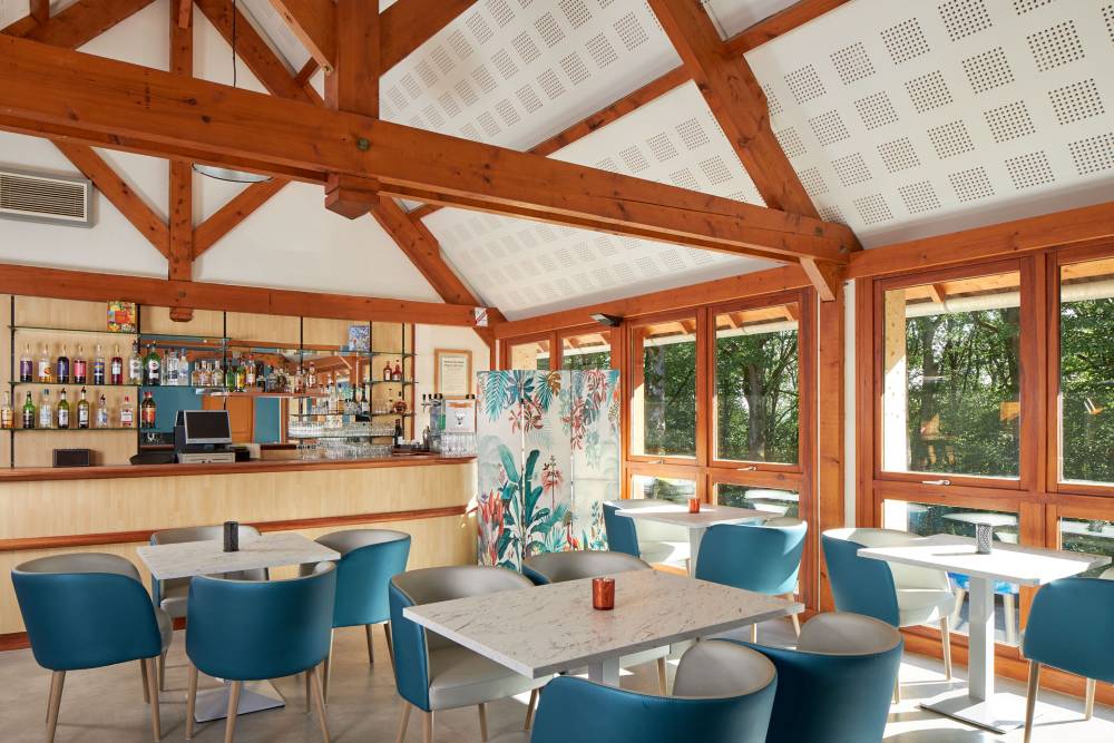 Bar avec cheminée et vue sur les bois